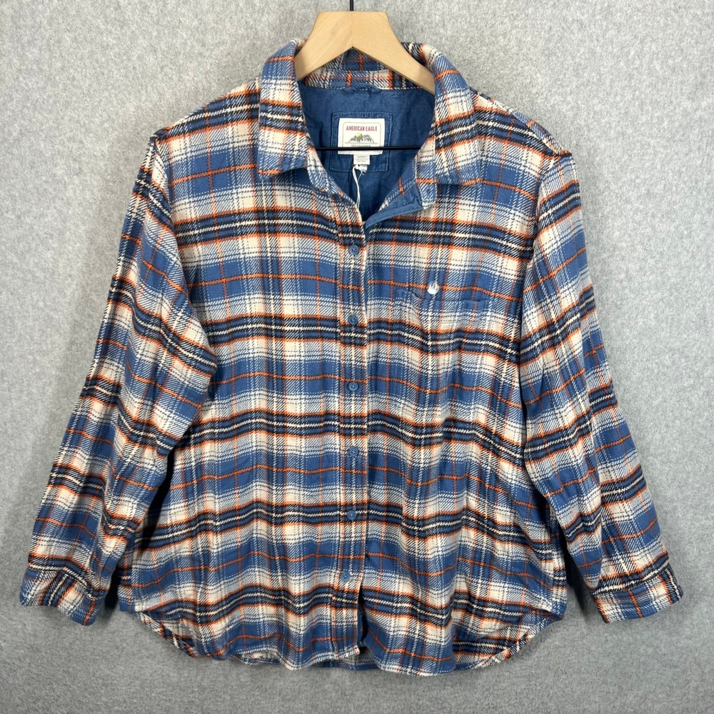 American Eagle Flannel Shirt Men M Blue Orange Plaid Soft Cotton Long Sleeve NWT